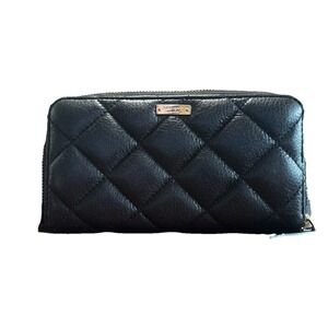Kate Spade Black Natalia Wallet - Zip Around Gold Logo Quilted Diamond Pattern